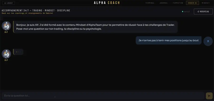Aperçu animé du Coach IA 24/7 : conversation sur la discipline et la psychologie de trading
